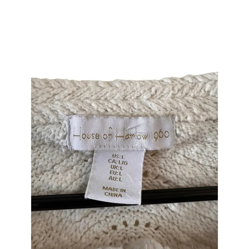 House of Harlow 1960 White Multicolor Trim Button-Down Knit Sweater Women Sz L